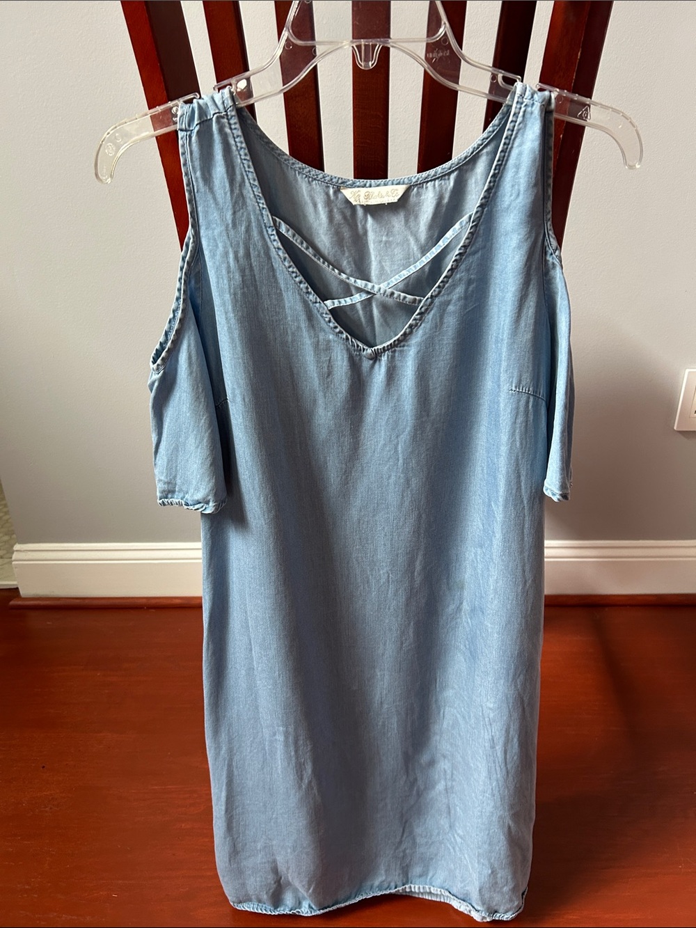 Light Blue Chambray Cold-Shoulder Dress with Crisscross Straps